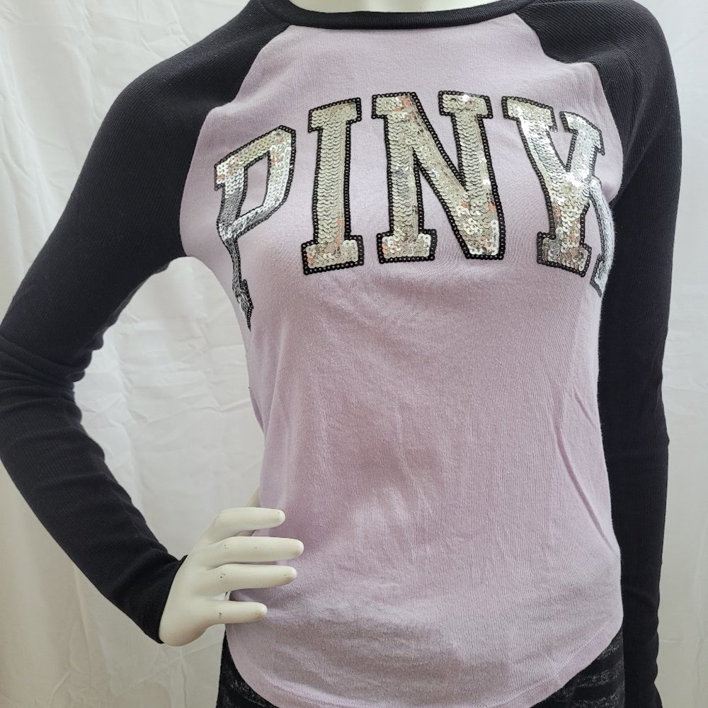 PINK Long-Sleeve Baseball Tee with Sequined Logo XS